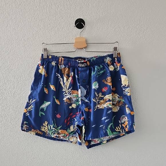 Ralph Lauren Classic Woven Cotton Print Boxer L Blue Nautical Sea Underwater - Picture 1 of 7